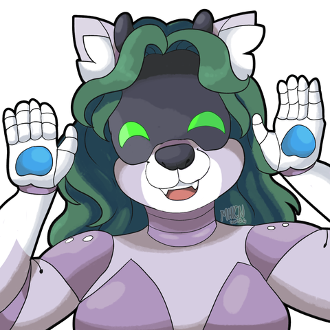Illustration of a robo-fox headshot cheerfully raising its hands (character belongs to 0x4d6165)