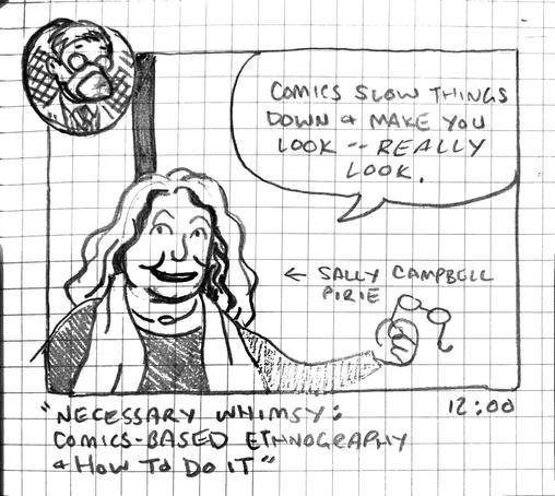In an inset, the artist is pictured wearing an elastomeric respirator. In the main panel, Sally Campbell Pirie gestures with their eyeglasses while giving lecture: "Comics slow things down and make you look -- really look."