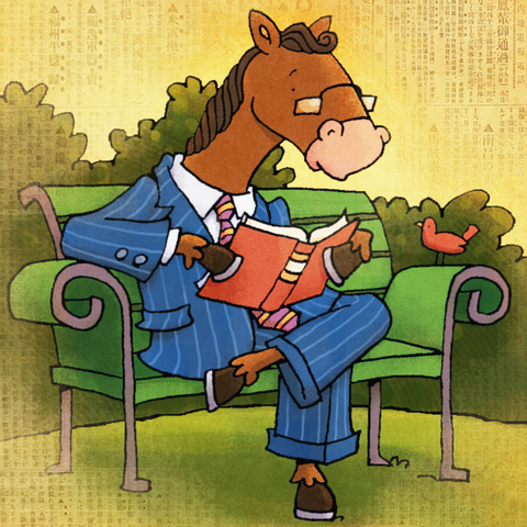 A dapper horse sitting on a park bench reading a book