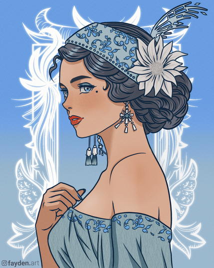 Art Nouveau, woman in blue dress, wearing a Tiare, flowers in the hair and jewelry