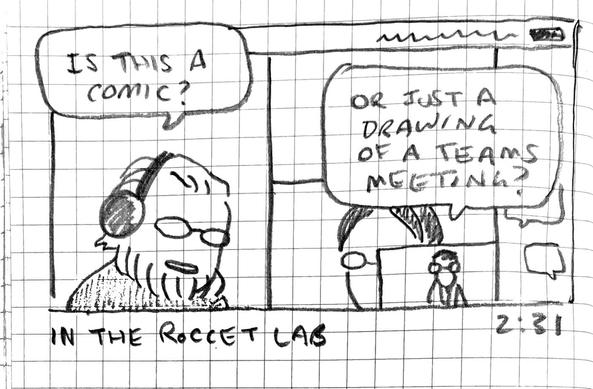 A drawing of a video chat interface captioned "In the RoCCET Lab." A balloon from one participant says, "Is this a comic?" And another says, "Or just a drawing of a Teams meeting?"