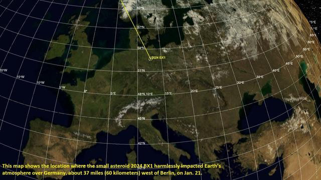 map - modeled trajectory of asteroid 2024 BX1 over Arctic and German before disintegration