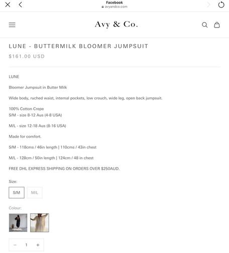 X
Facebook
•avyandco.com
=
Avy & Co.
LUNE - BUTTERMILK BLOOMER JUMPSUIT
$161.00 USD
LUNE
Bloomer Jumpsuit in Butter Milk
Wide body, ruched waist, internal pockets, low crouch, wide leg, open back jumpsuit.
100% Cotton Crepe
S/M - size 8-12 Aus (4-8 USA)
M/L - size 12-18 Aus (8-16 USA)
Made for comfort.
S/M - 118cms / 46in length | 110cms / 43in chest
M/L - 128cm / 50in length | 124cm / 48 in chest
