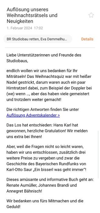 Bildschirmfoto des Studiobau-Newsletters 'Auflösung unseres Weihnachtsrätsels und Neuigkeiten' Teil 1.