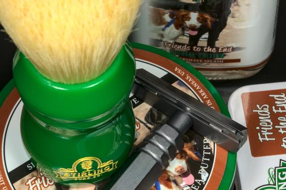 An Alumigoose and a huge Stirling × Zenith brush on a matching set of Stirling Friends to the End soap, splash, and solid cologne