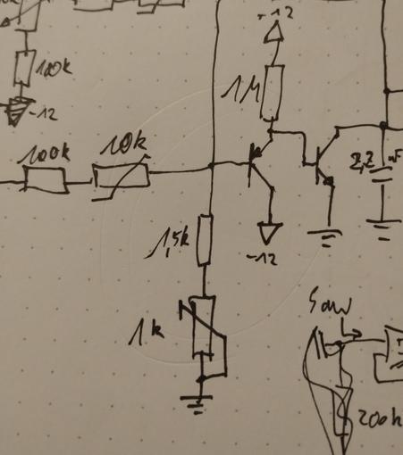 hand-drawn schematic. the 1,5k resistor and the trimmer pot are placed between the base of the PNP transistor and ground.