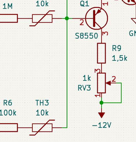 the schematic after transferring it into KiCad. now the 1,5k resistor and trimmer pot are placed between the collector and -12V.