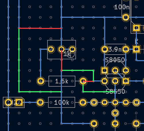 the pcb layout with the required changes. red connections need to be removed, and green connections added.