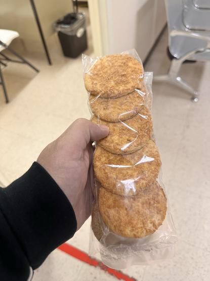 A hand holding a clear plastic package containing several round, golden-brown pastries.