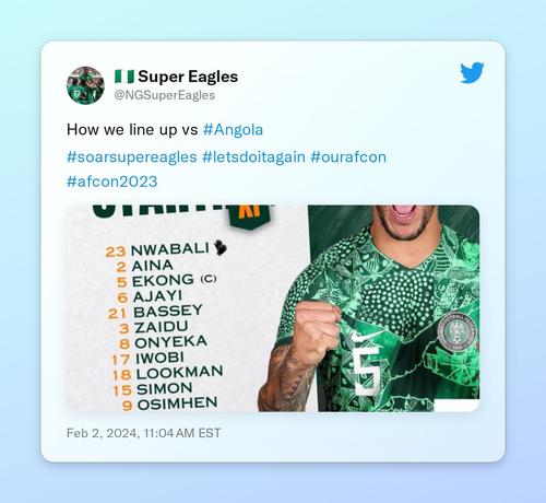 How we line up vs #Angola 

#soarsupereagles #letsdoitagain #ourafcon #afcon2023 https://t.co/SysJOQiEBe