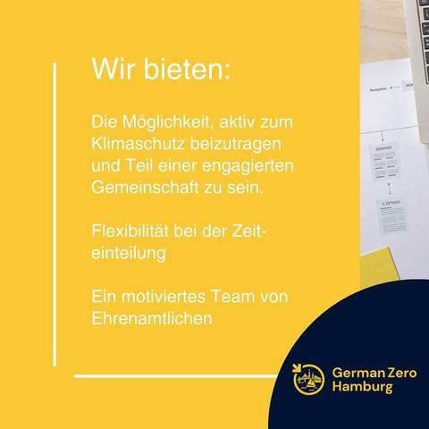 Wir bieten: 

Die Méglichkeit, aktiv zum Klimaschutz beizutragen und Teil einer engagierten Gemeinschaft zu sein. 

Flexibilitat bei der Zeit- einteilung 

Ein motiviertes Team von Ehrenamtlichen