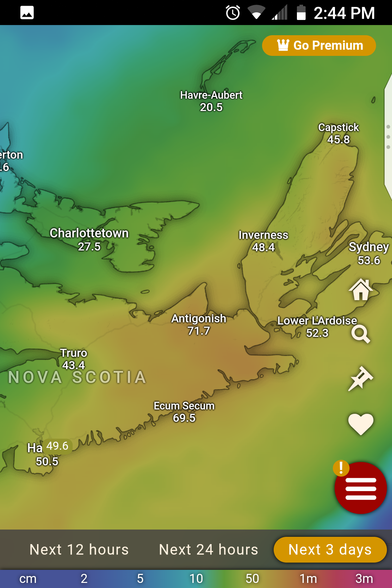 A screenshot of the forecast snow accumulation for the next 3 days on Windy.com. The map shows Nova Scotia from Mahone Bay eastwards, and most of PEI and Iles de Madeline.

Dartmouth is forecast to get 49.6cm of snow. Antigonish 71.7cm; Ecum Secum is forecast 69.5cm. The range of snowfall in Cape Breton is 45-55cm, whilst 27.5 will fall in PEI.