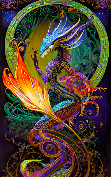 a psychedelic Art Nouveau rendering of a sinuous purple draconic form with green grassy elements and flamelike floral prominences