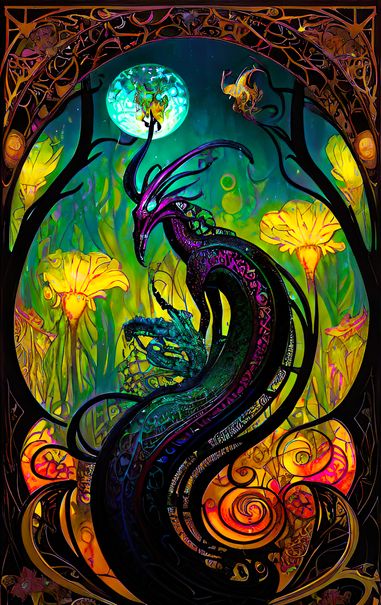 a psychedelic Art Nouveau rendering of a somewhat avian reptilian form in purples and dark shades against a floral, foresty scene with a large moon