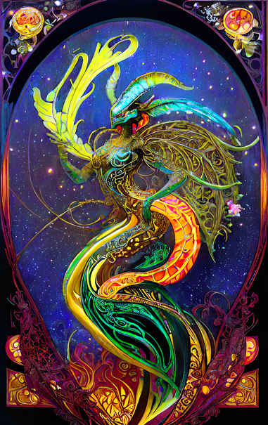 a psychedelic Art Nouveau rendering of a horned and crested serpentine form with a few humanoid characteristics hovering against a star field