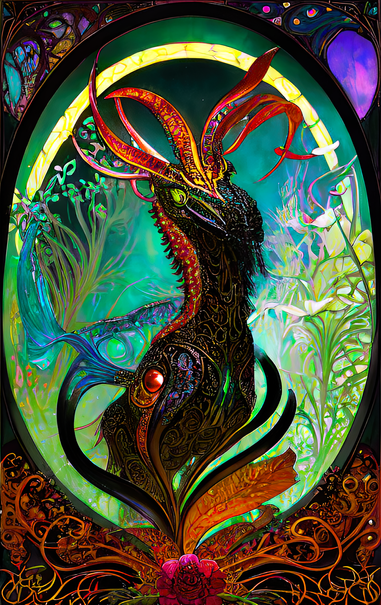 A psychedelic Art Nouveau rendering of a serpentine form with a few goat-like elements cavorting in an overgrown meadow in an oval frame