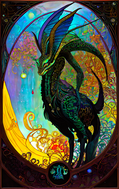 a psychedelic Art Nouveau rendering of a crested quadruped with serpentine characteristics against a woodland background in an oval frame
