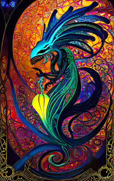 a psychedelic Art Nouveau rendering of a feather-crested serpentine form hovering with a glowing pre-bloom inflorescence against a red viny background
