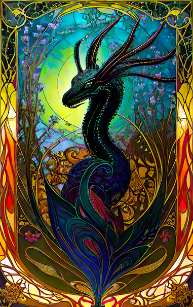 a psychedelic Art Nouveau rendering og a crested serpentine form among numerous delicate floral elements in a flame-decorated rectangular frame