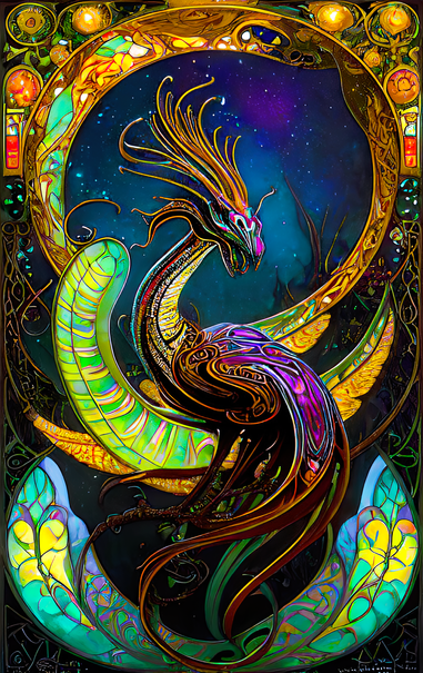 a psychedelic Art Nouveau rendering of a crested avian figure with serpentine elements among large leaves with a caterpillar(?) and a round-framed patch of starry sky for a halo