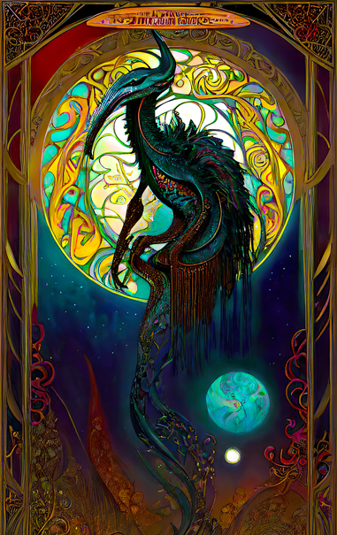 a psychedelic Art Nouveau depiction of a draconic form with stork-like features on a perch with a glowing halo above a dark sky with additional celestial orbs
