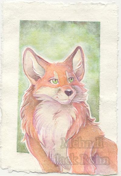 A watercolor fox. They're very fluffy and happy looking. They're in front of a multicolored but dominantly green background.