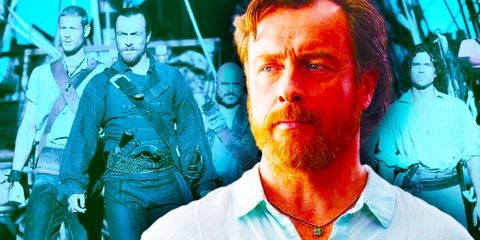 Collage: im Hintergrund ein in Blautönen gehaltenes Standbild aus der Serie "Black Sails" mit Toby Stephens als Captain Flint links im Bild; im Vordergrund und in übersättigter Vollfarbe derselbe Schauspieler in seiner neuen Rolle als Poseidon aus der Serie "Percy Jackson & the Olympians"