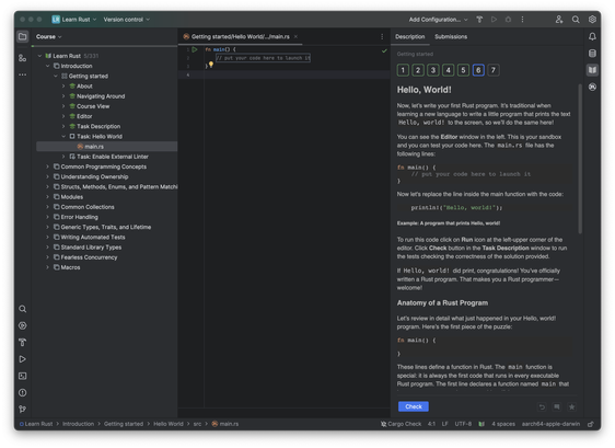 Picture of RustRover open with the JetBrains Learning Rust academy plugin running, first up, the Hello World intro