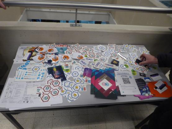 Sticker exchange at F1 with Wikimedia, Cones, Decidim, BSD material and more