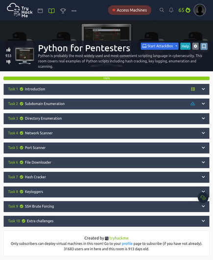 Screenshot of the finished "Python for Pentesters" room on TryHackMe.com