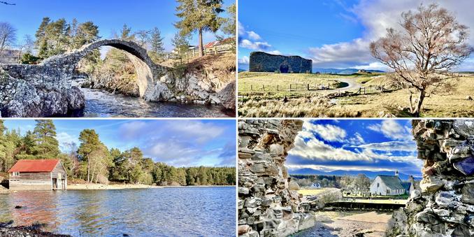Four photo collage. Clockwise from top left: old packhorse stone bridge, rushing water  below, pines and blue sky above: ruins of old castle to rear of photo, windblown tree in foreground, pale grass and blue sky; ruined stone castle walls to left and right of photo, looking through to old church and mountains in the background, deep blue/white sky; calm loch water with pine trees in background and old boathouse with red roof to the right of the photo, blue skies.