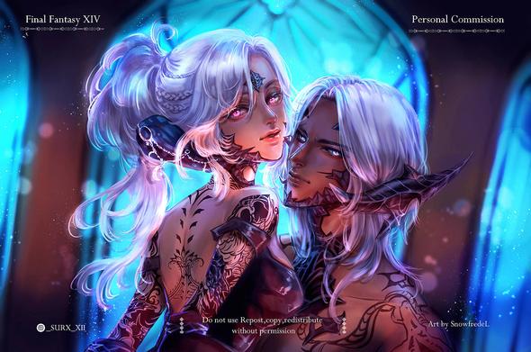beautiful final fantasy (ffxiv) ff14 commission fanart of aura couple by snowfredel