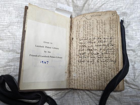 Book open at left endleaf. Left endleaf has a donation plate dated 1967.

Right endleaf is manuscript waste rotated 90 degrees. Manuscript is iron gall ink.