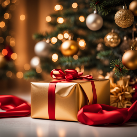 Ein Weihnachtsgeschenk in gold rotem Geschenkpapier auf dem Boden vor einem Weihnachtsbaum im Wohnzimmer