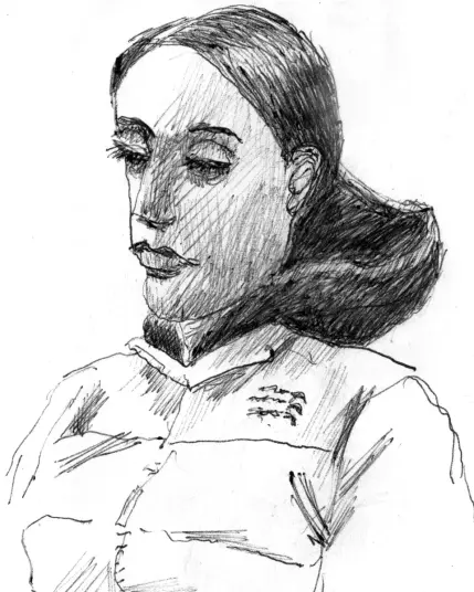 Woman with black hairs, black hoodie and in ear headphones.