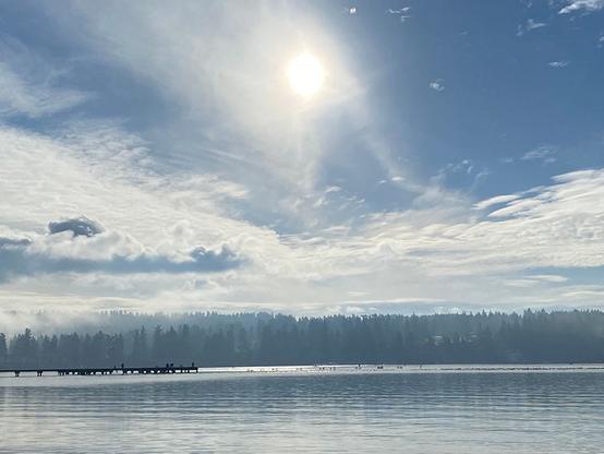An image of Lake Washington taken at Log Boom Park in Kenmore Washington. The sun is out despite the clouds and fog can be seen drifting through the trees on the other side of the lake.