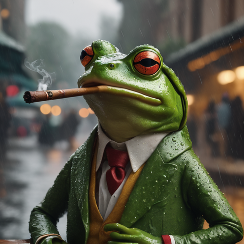 Bone vestita rano kun kanab-cigaredo en la buŝo. (AI farita bildo). NB la rano estas simbola besto de la francanoj
