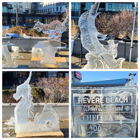 A collage of 4 ice sculptures: tiger chasing small animal, sailfish, Revere Beach Winter Wonderland, dragon.