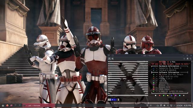 MX Linux 23 KDE Raspberry Pi Respin desktop screenshot with obligatory Neofetch window.