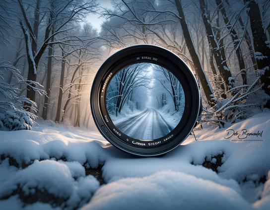 Digital art image of a reflected view through a camera lens. The view is a snow covered road and rural landscape. The lens is on some snow on the ground and snow-covered trees are in the frame.  Image at:  https://beautifulsunphotography.com/featured/through-the-lens-deb-beausoleil.html  See more art & blog at: https://beautifulsunphotography.com/ https://debbeautifulsunphotography.com/  https://debbeausoleil.com