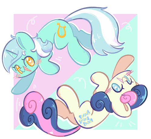 Art of Lyra and BonBon from MLP FIM, they are mirroring each others poses with Lyra on the top left corner and BonBon on the lower right corner.