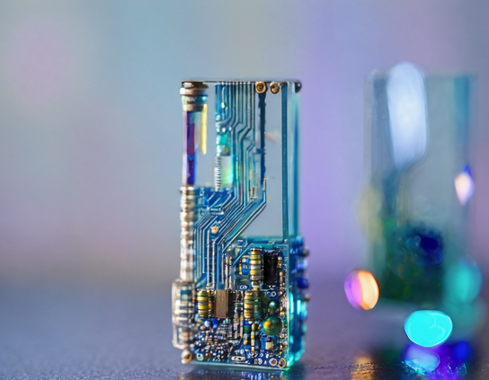 Close up of a miniature, transparent electronic module with circuit boards and components visible, in vibrant metallic blues and golds against a soft, bokeh background. Macro photography style.
