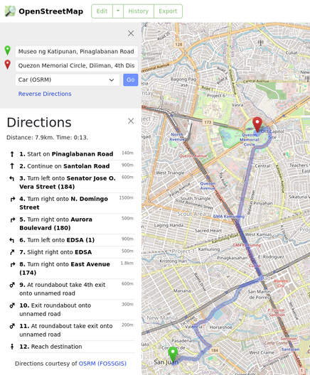 Screenshot of OpenStreetMap's navigation option, using a browser.