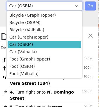 Screenshot of OpenStreetMap's navigation, by mode and router: Bicycle, Car, or Foot, using GraphHopper, Valhalla, or OSRM.