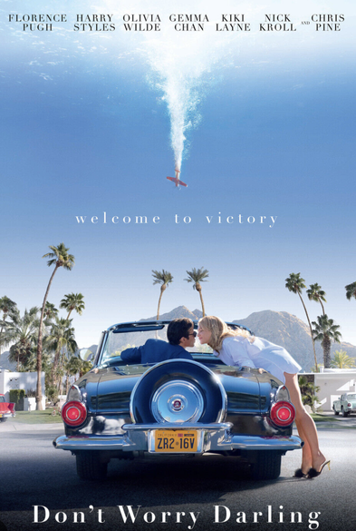 'Don't Worry Darling' movie poster with Florence Pugh about to kiss Harry Styles, who is driving a car with the top down, goodbye