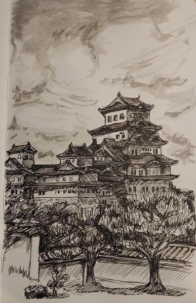 Ink drawing of Himeji Castle, in Hyōgo Prefecture in the Kansai region of Japan.
