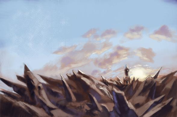 Digital painting of rocketship on barren, rocky planet, lit by a setting sun