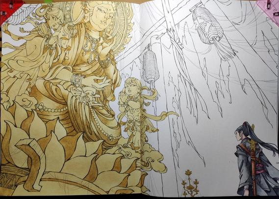 Image is a double page. We see a massive statue (made of brass) on the left page. The statue shows (probably) Buddha and small boy right of him and a girl left of him. 
There are three chinese lanterns, one in the upper left area above the statue and two hanging on a big wooden archway on the right page. Also on the archway are fragments of fabric, probably from a flag or something similar. We see a small candle holder in the bottom area. In the lower right area stands a warrior with a sword on his back. He is wearing traditional asian clothing and has very long hair, which he wears in a braid. 
I've colored the warrior already in black/ grey and a muted red. At the moment I am working on the big brass statue, which I have done a ground layer and at the moment I am working on the first shadow layer. (will be probably around 4 layers in the end)