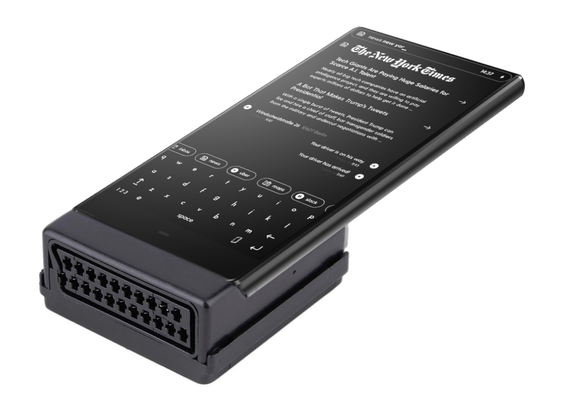 image edit of a generic smartphone but with a massive female-type SCART connector attached to the bottom