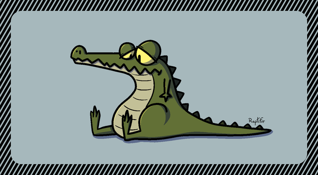 A cartoon croco sitting. He look sad.